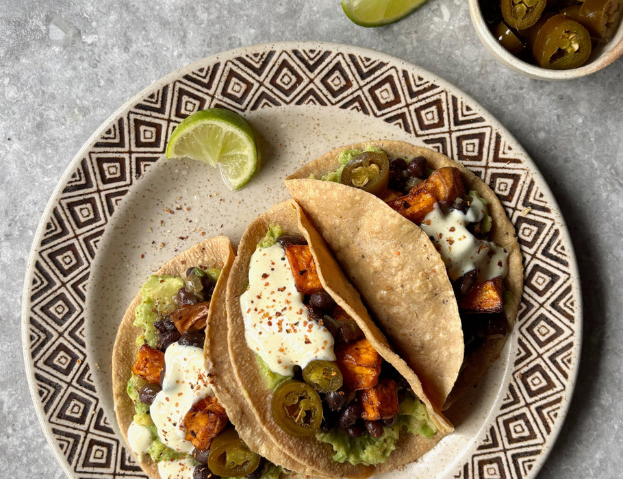 Sweet potato & black bean tacos with tofu cream